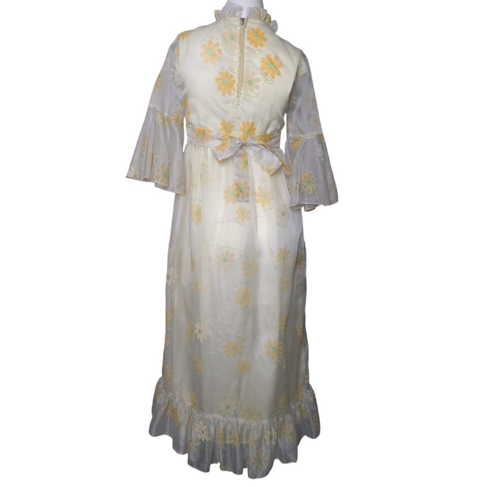 Vintage 70s Yellow Daisy Print Maxi Dress XS Bell Sleeve Boho Cottagecore Union - Picture 3 of 8